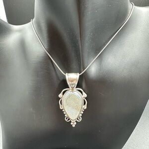 Vintage Artisan Sterling Silver and White Druzy Pendant Necklace 925